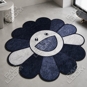 Black Murakami Flower shaped area rug, die-cut gaming rug