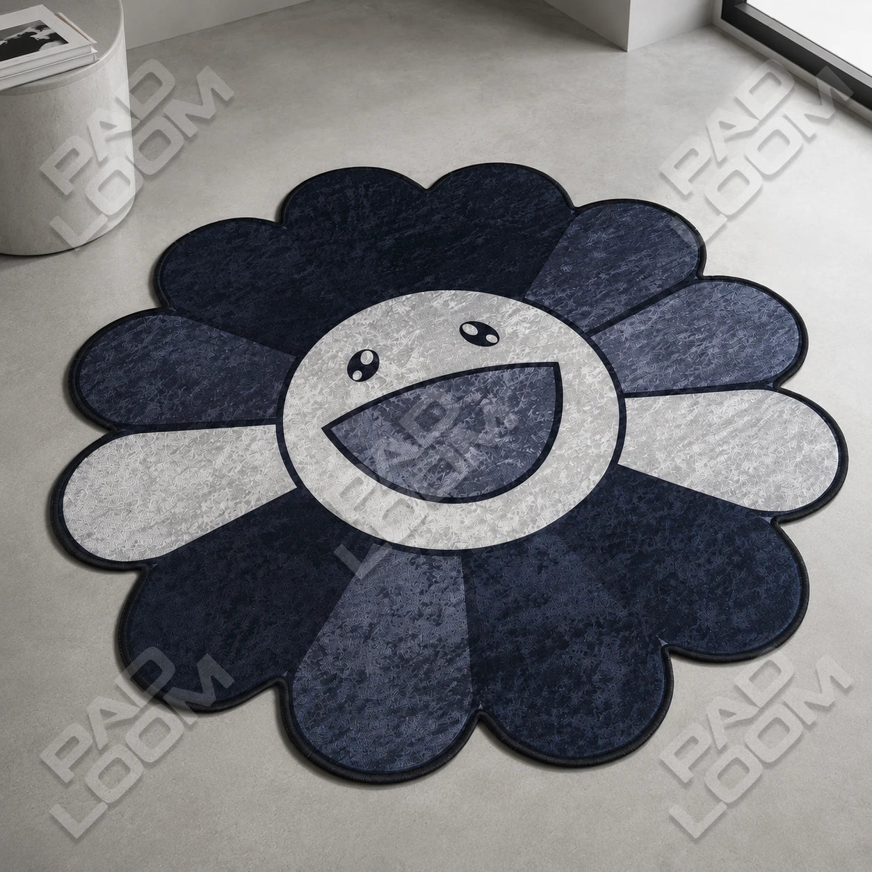 Black Murakami Flower shaped rug close-up, soft washable pile