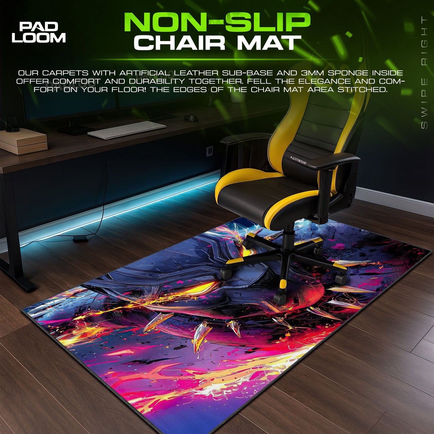 Black desk mat showing full gaming artwork