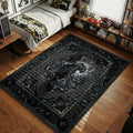 Black panther gothic rug in charcoal black with smoky crest, claw border and ornate baroque detailing