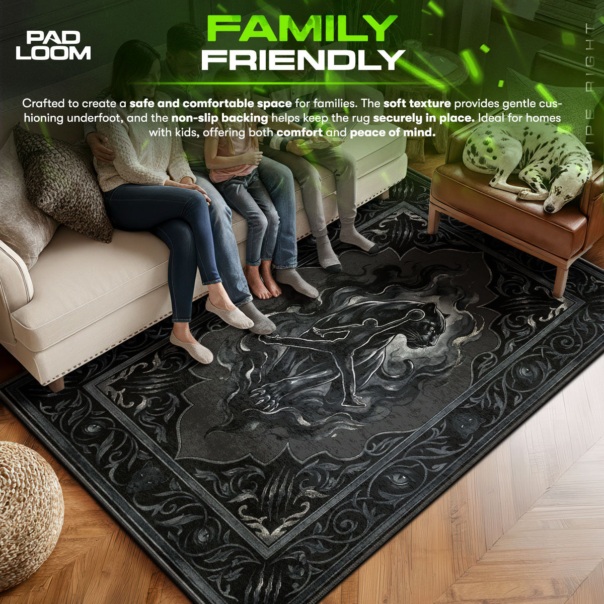 Black area rug showing full Gothic artwork