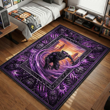 Black Panther leaping forward surrounded by purple kinetic energy and Wakandan masks in a comic style gaming area rug and floor mat