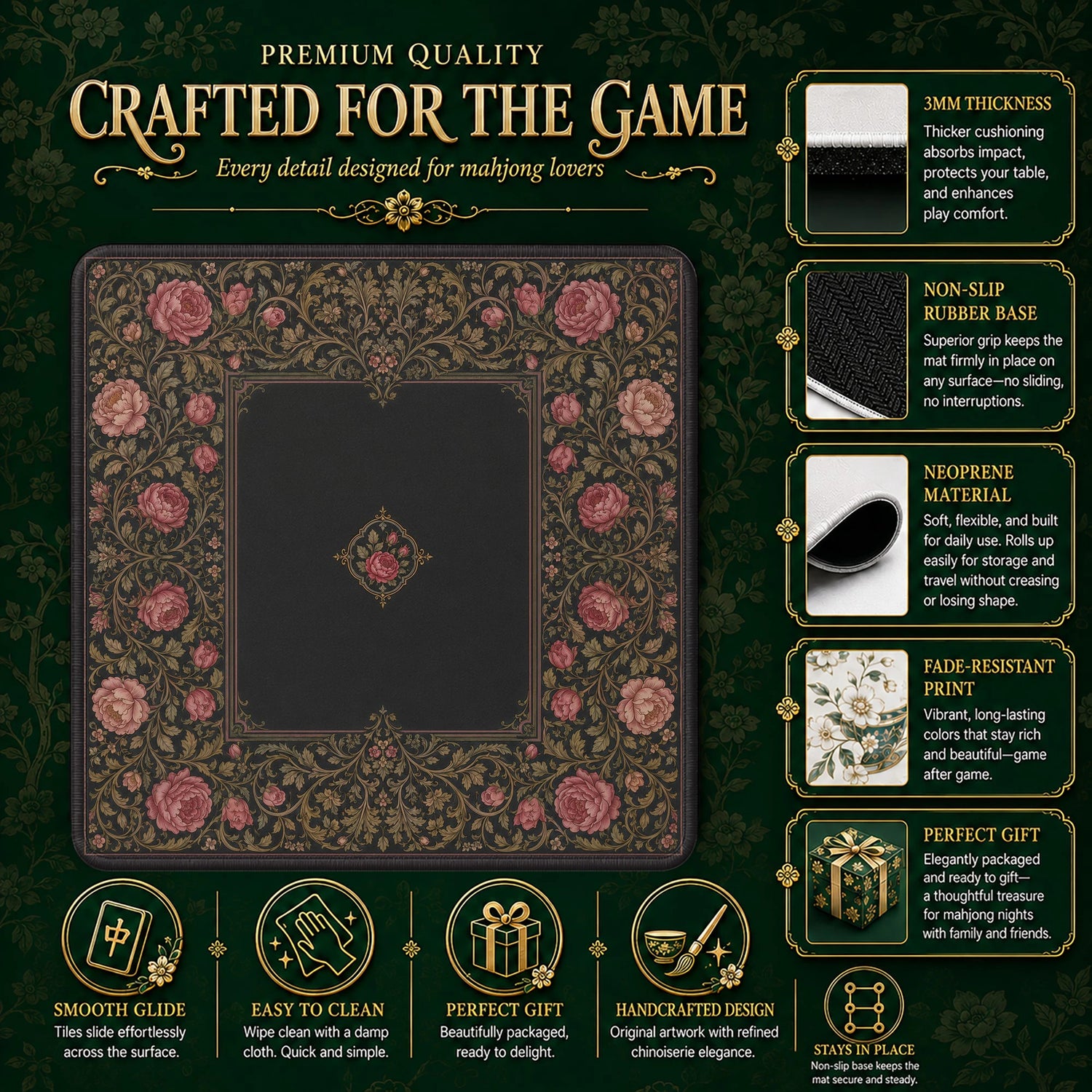 Black Rose Noir Mahjong Mat - Mah Jongg Mat