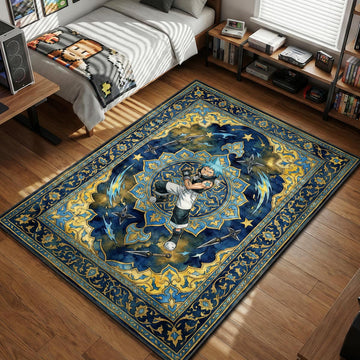 Black Star from Soul Eater posing with shurikens in an ornate blue and gold Persian style area rug and floor mat