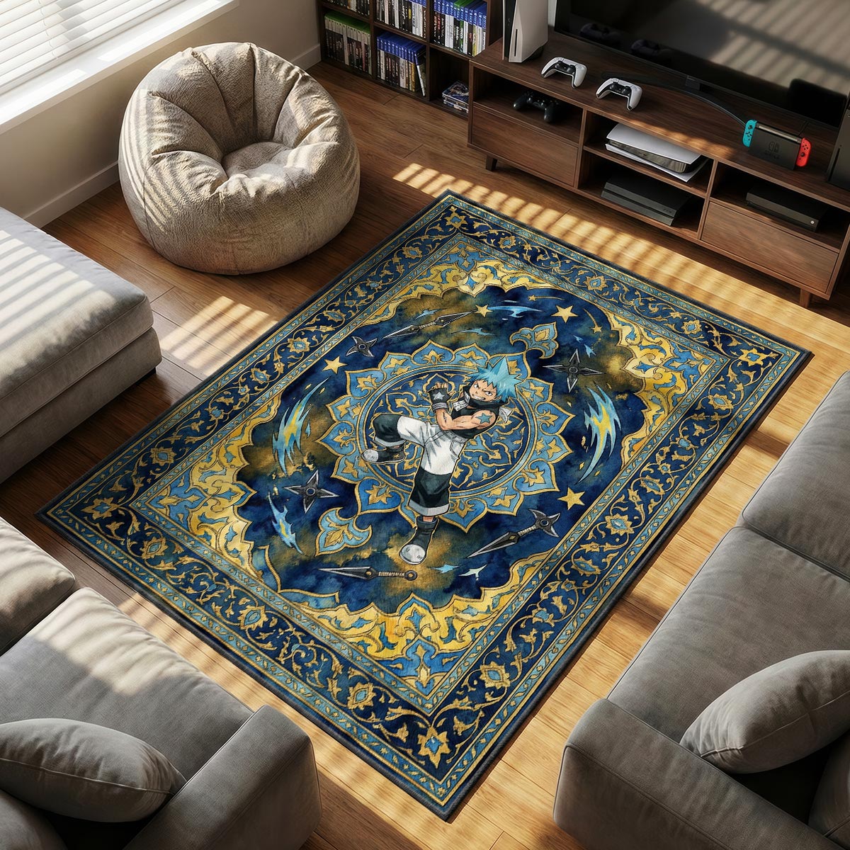 Black Star themed area rug for home decor fans