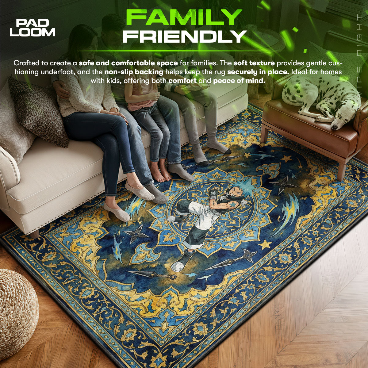 Black area rug showing full home decor artwork