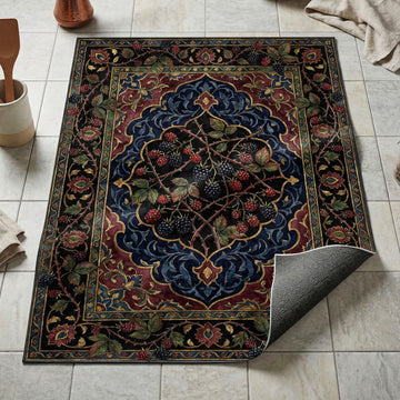 Blackberry and raspberry bramble kitchen mat on midnight navy and burgundy ornamental medallion