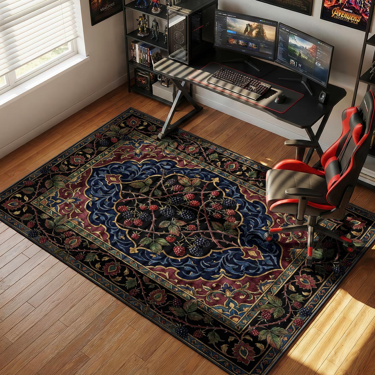 Blackberry bramble kitchen rug on dark stone floor in a moody kitchen with copper jam pots