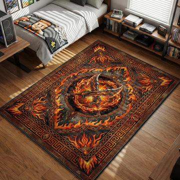 Crossed Blades of Chaos weapons engulfed in flames and chains with Greek key border gaming area rug and floor mat