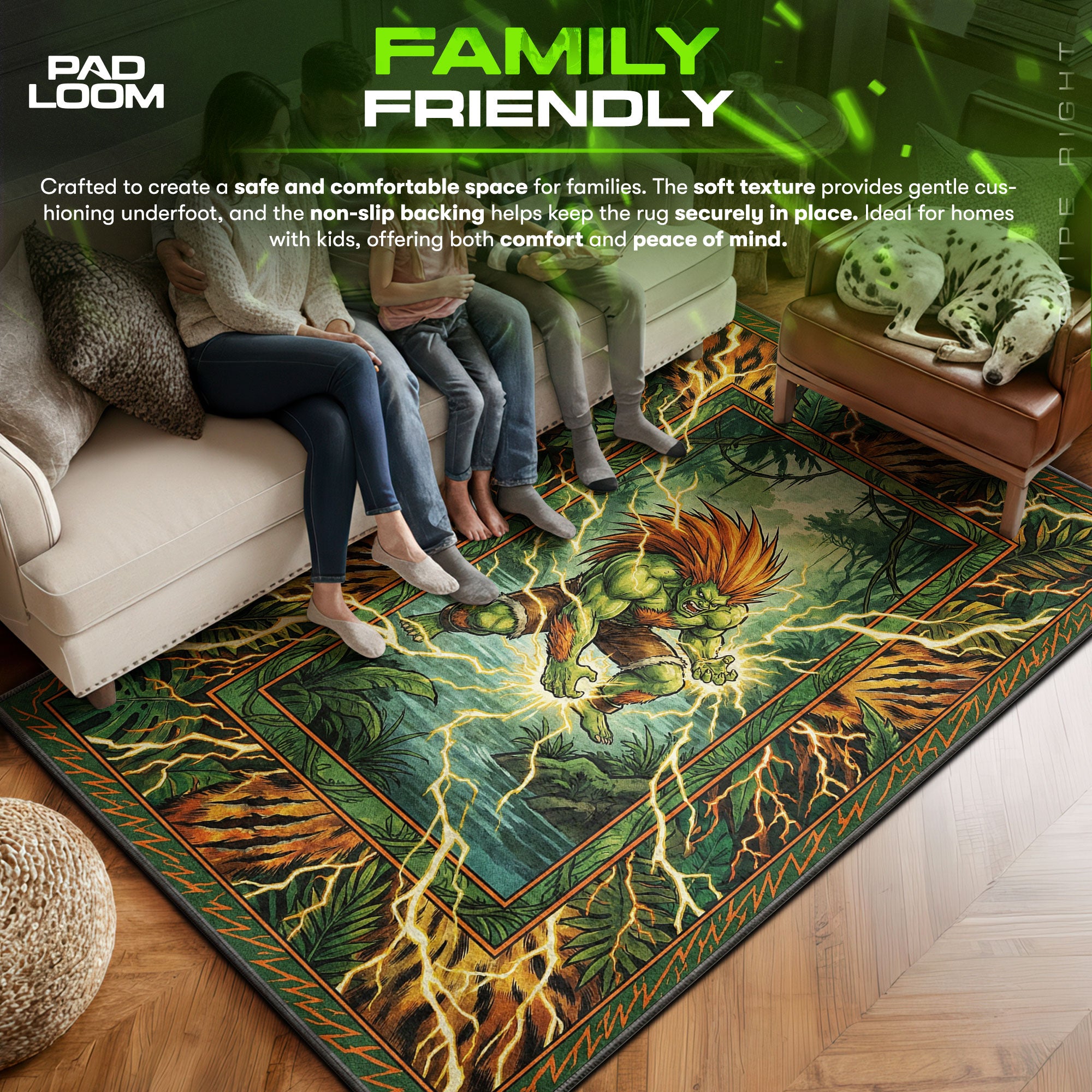 Blanka area rug showing full home decor artwork