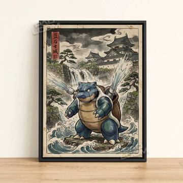 Blastoise Castle Pokemon poster - framed canvas wall art in a black frame