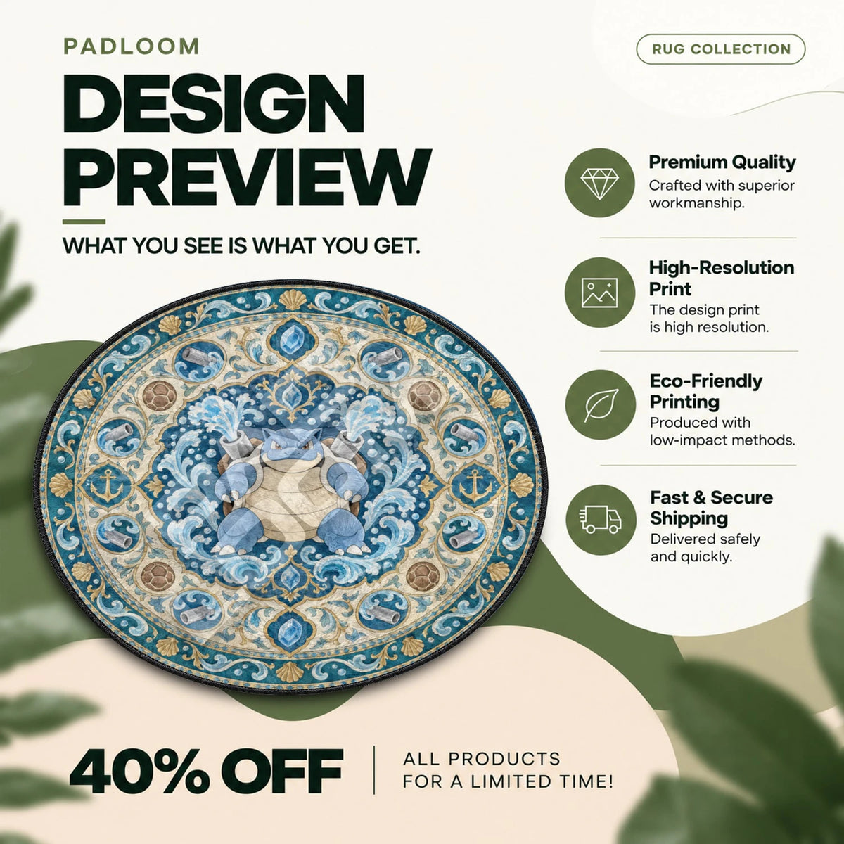Blastoise Tidal Pokemon round rug full design preview