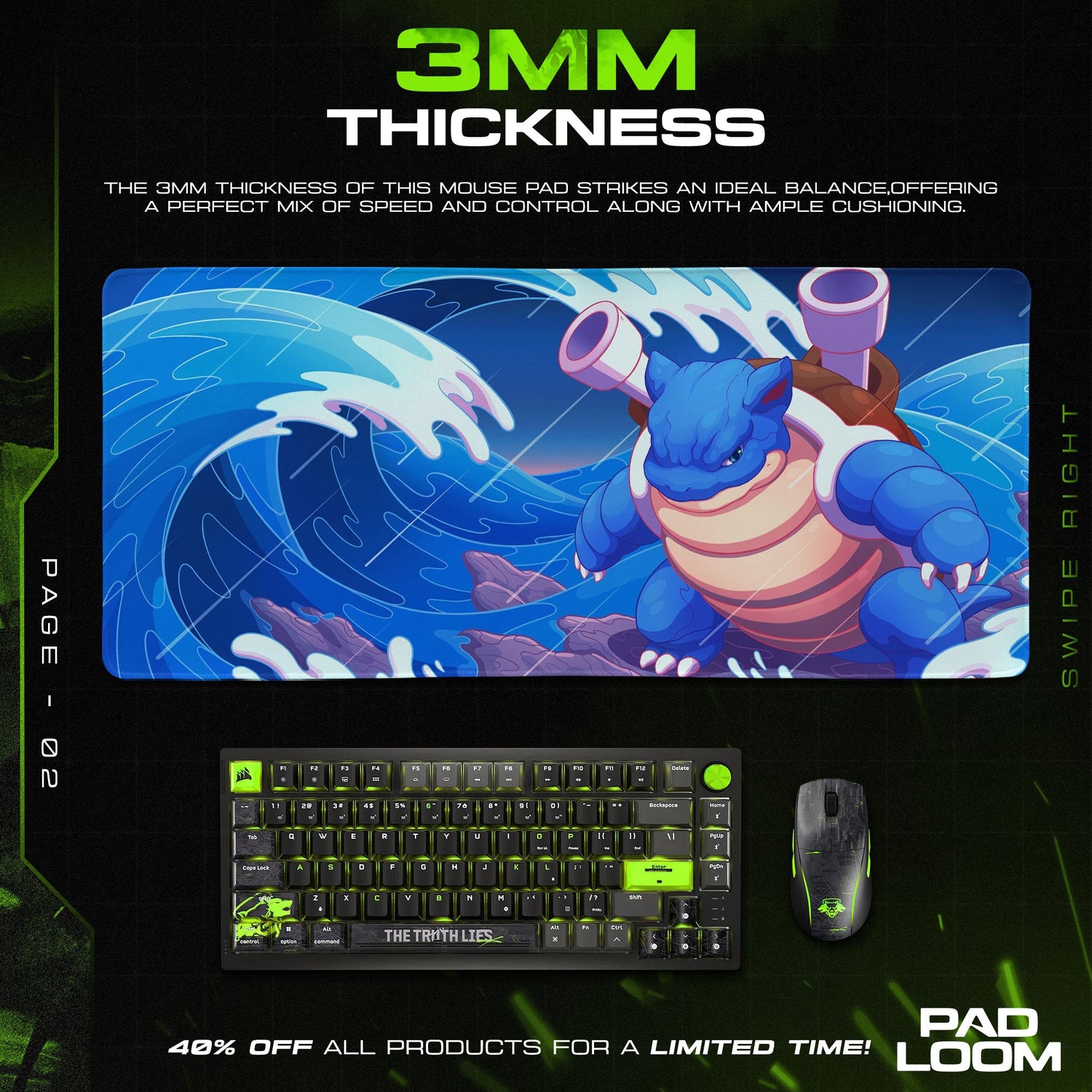 Blastoise Water Cannon Mouse Pad, Ocean Wave Gaming Desk Mat Padloom