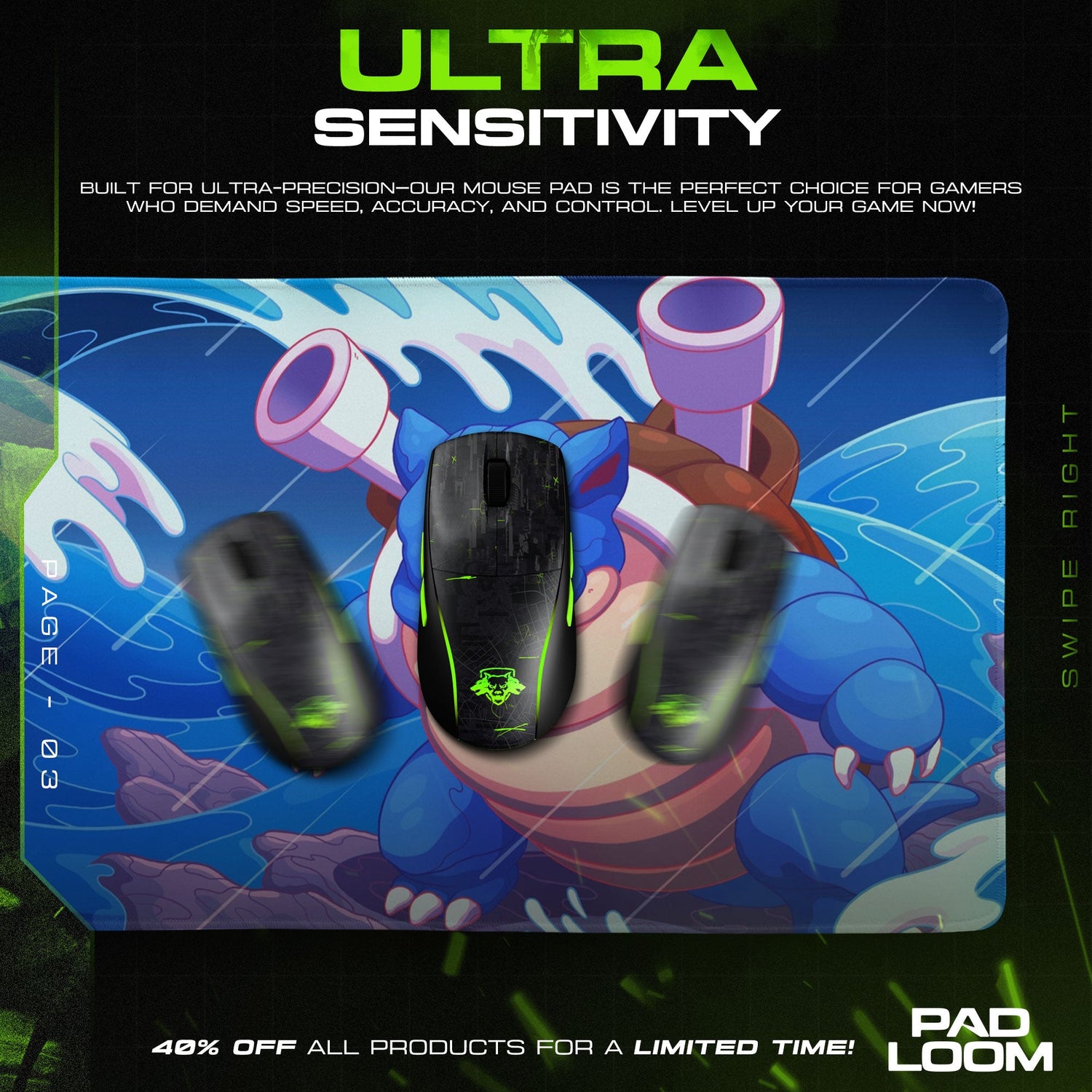 Blastoise Water Cannon Mouse Pad, Ocean Wave Gaming Desk Mat Padloom