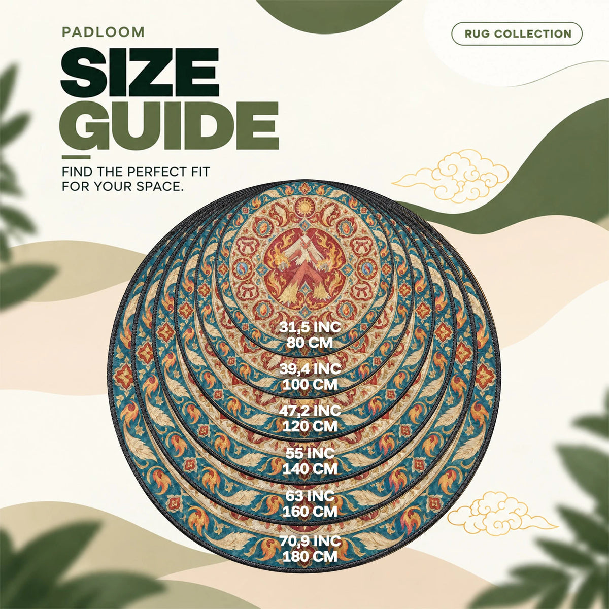 Blaziken Ember round rug size guide, 80 to 180 cm (31.5 to 70.9 in)