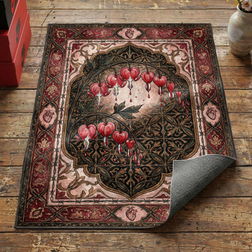 Gothic bleeding heart flower area rug with pink blooms barbed wire and anatomical heart border