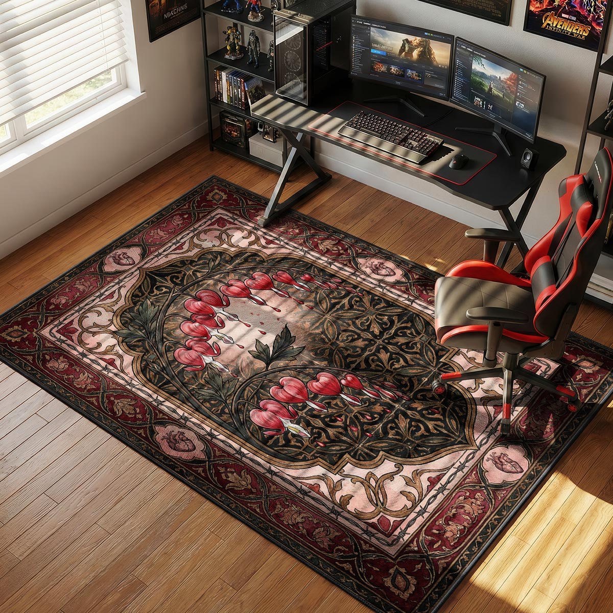 Bleeding heart flower rug laid in a soft-lit bedroom beside a white bedframe and plants