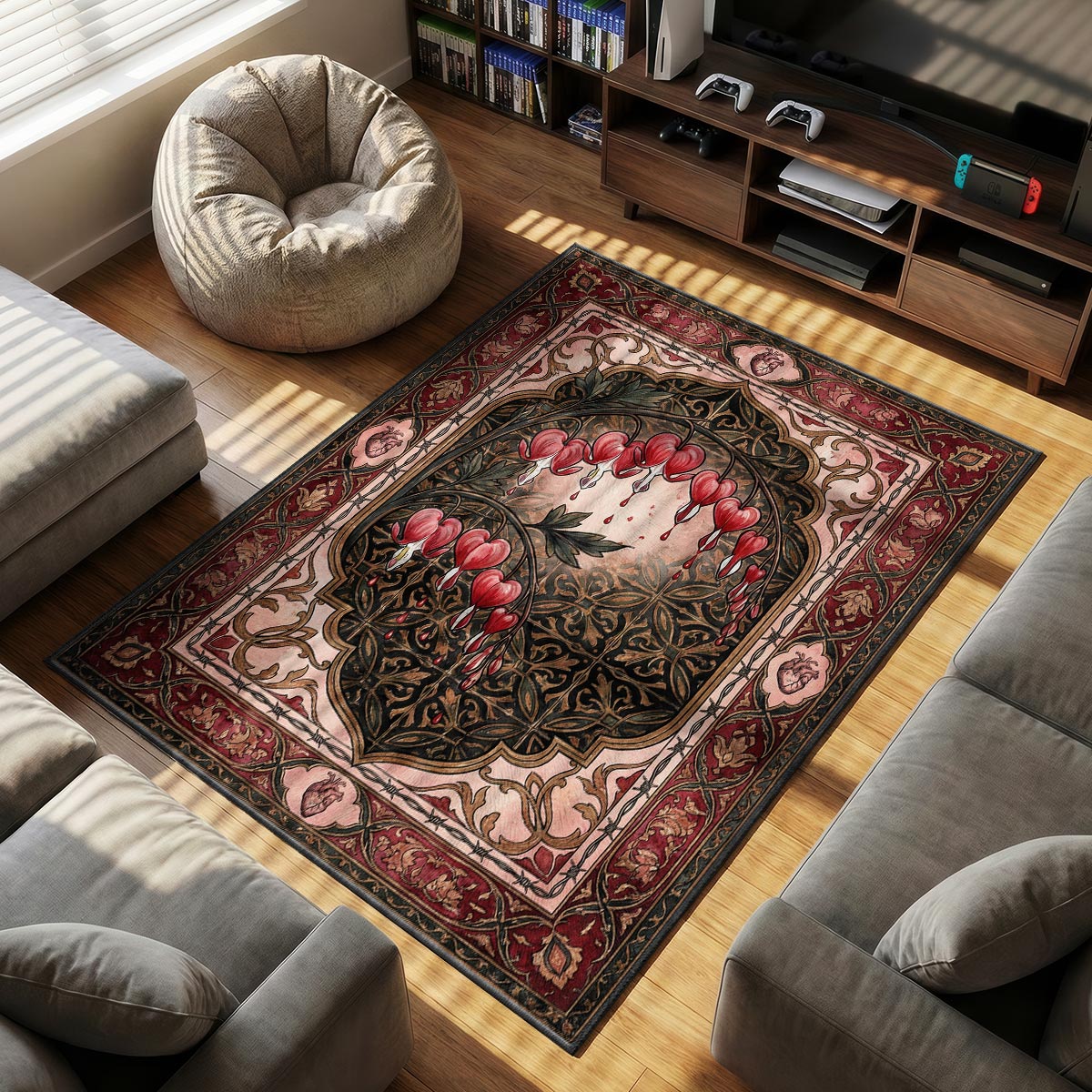 Detail of bleeding heart rug showing barbed wire border and velvet surface texture