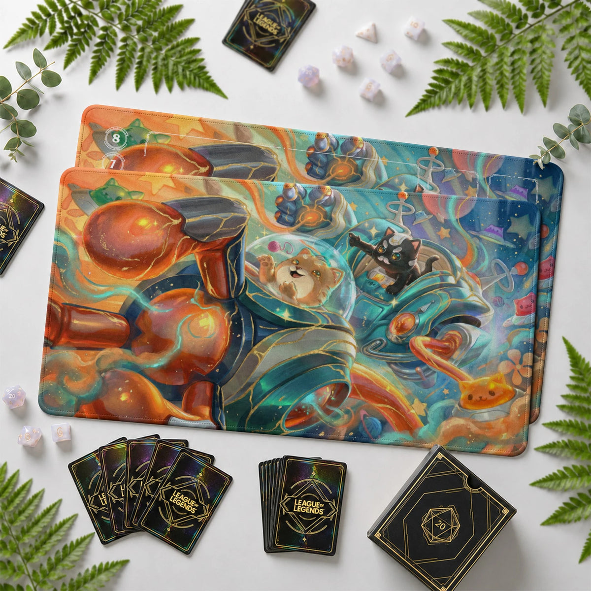 Blitzcrank Cosmic Riftbound TCG playmat with card zones and score track – LoL game mat