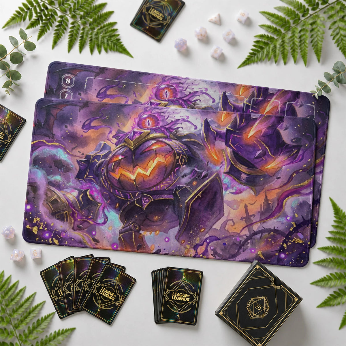 Blitzcrank Pumpkin Riftbound TCG playmat with card zones and score track – LoL game mat