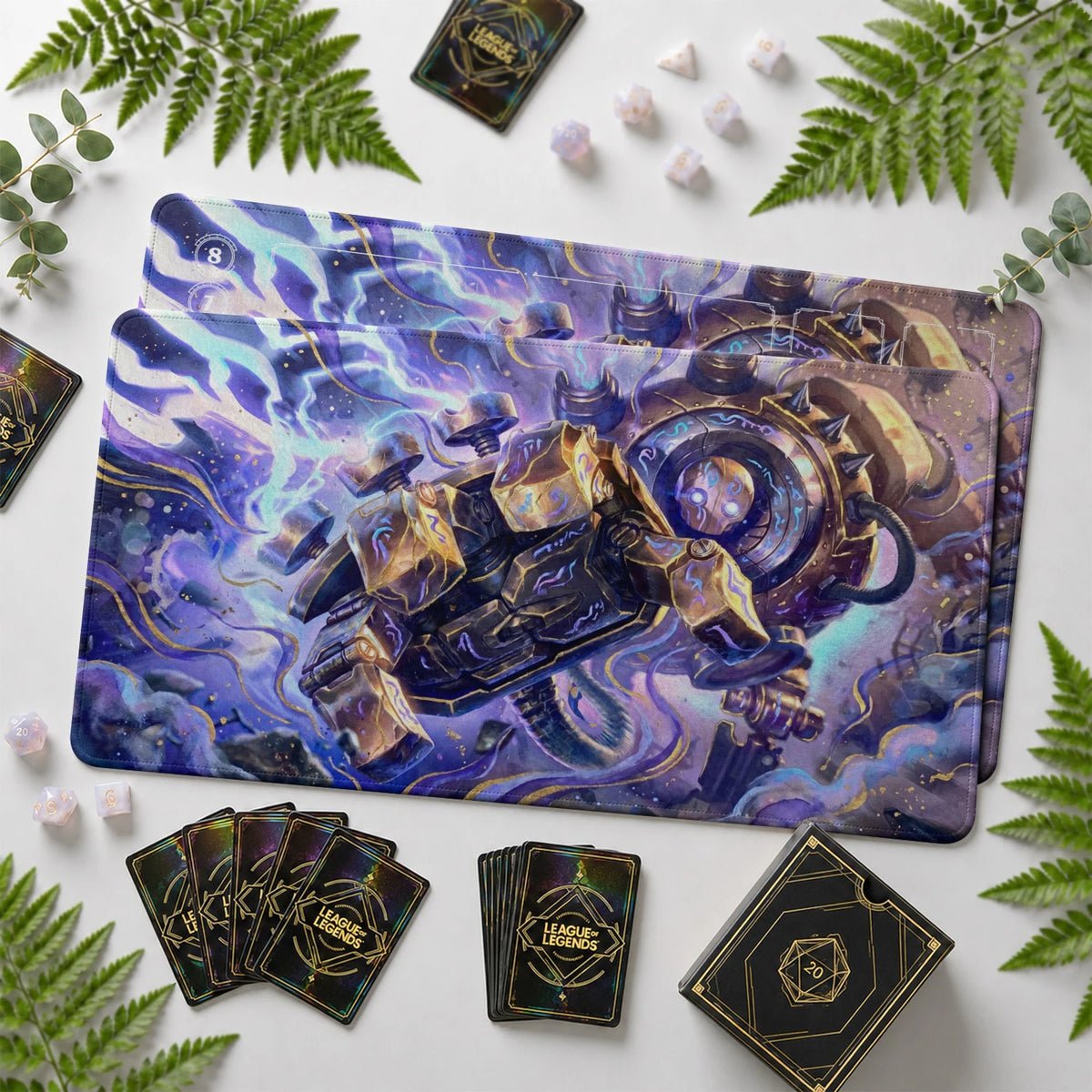 Blitzcrank Rune Riftbound TCG playmat with card zones and score track – LoL game mat
