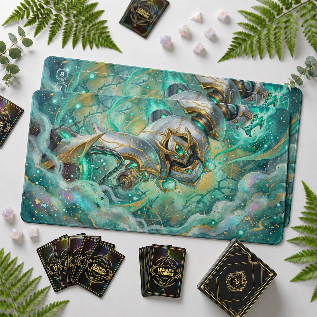 Blitzcrank Verdant Riftbound TCG playmat with card zones and score track – LoL game mat