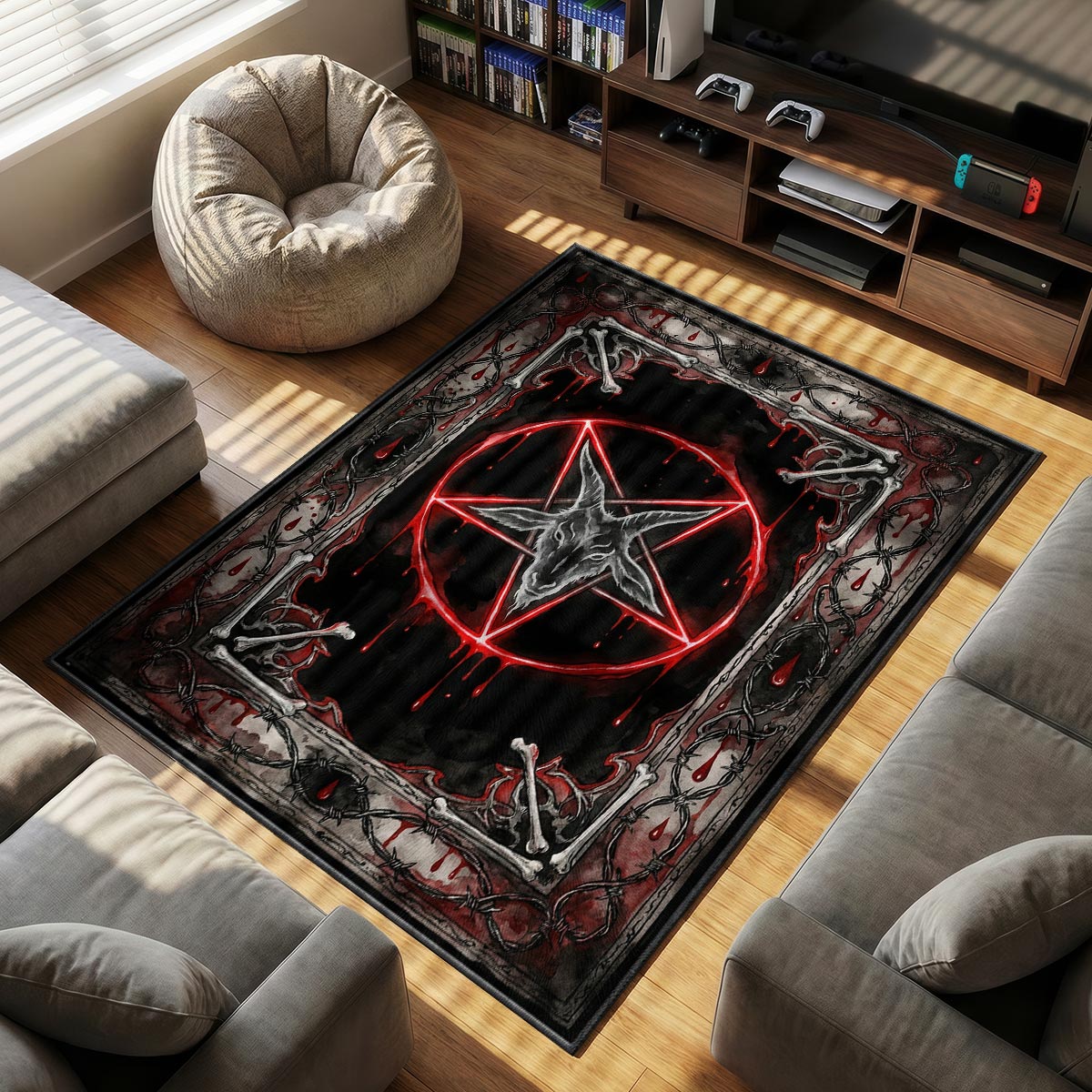 Detail of blood pentagram rug showing red glow effect and barbed wire texture on plush fiber