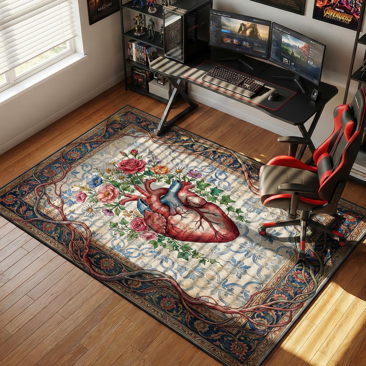 Anatomical heart rug placed in a bright creative studio with plants and white walls