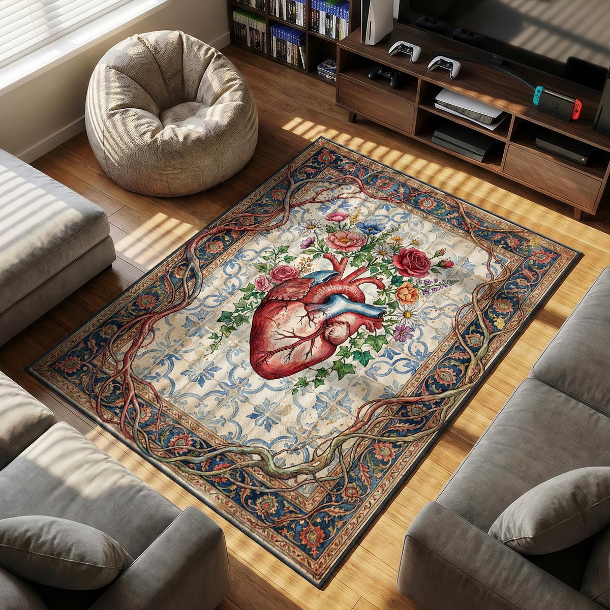 Close-up of anatomical heart rug showing vein detail and flower stems on dye-sublimation velvet