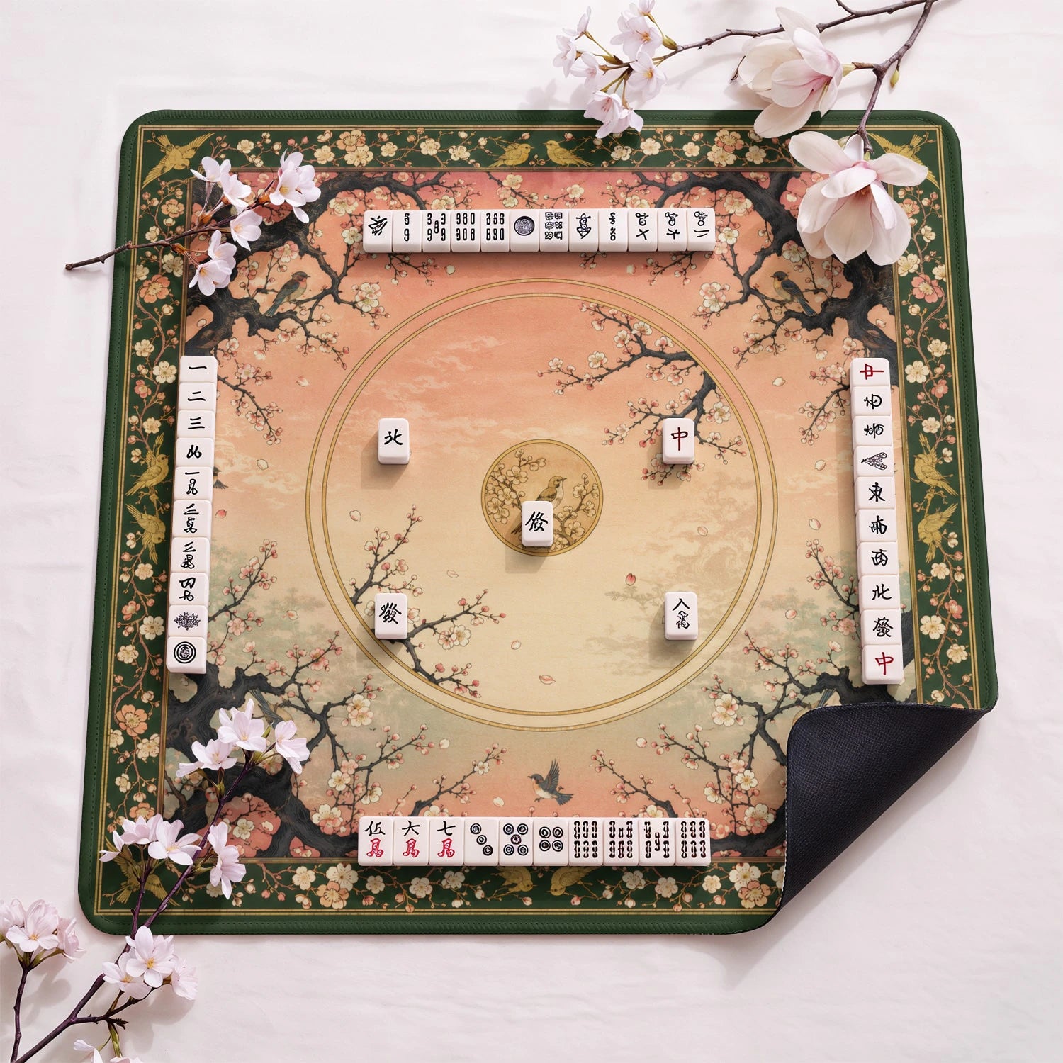Blossom Sunset design close-up on mahjong mat surface