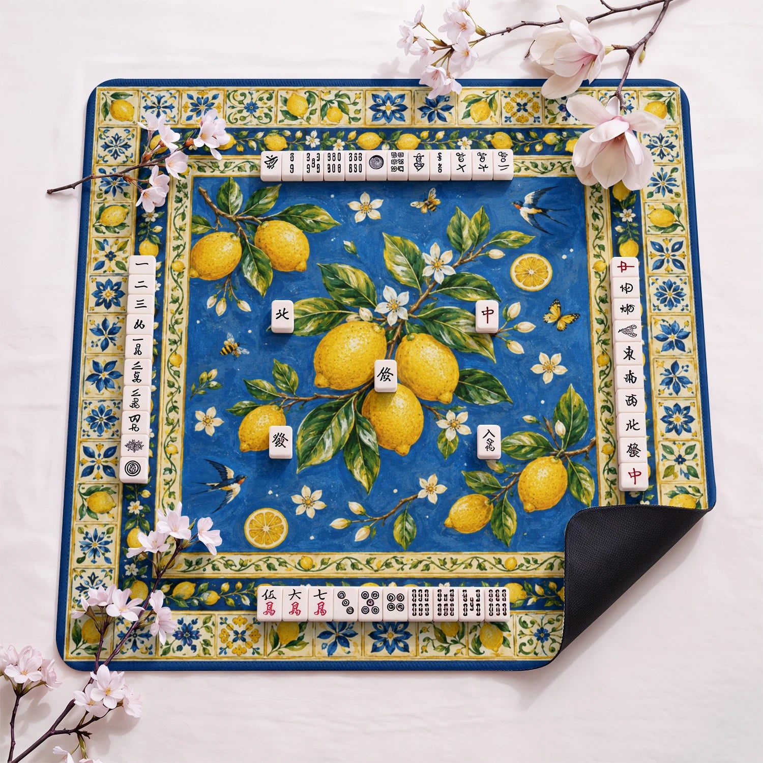 Blue Amalfi Lemon design close-up on mahjong mat surface