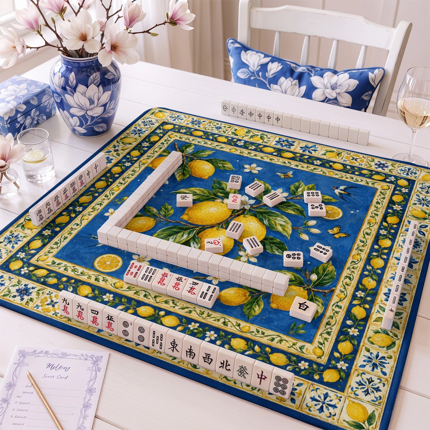 Blue Amalfi Lemon mahjong mat – M (60x60 cm) and L (81x81 cm) sizes