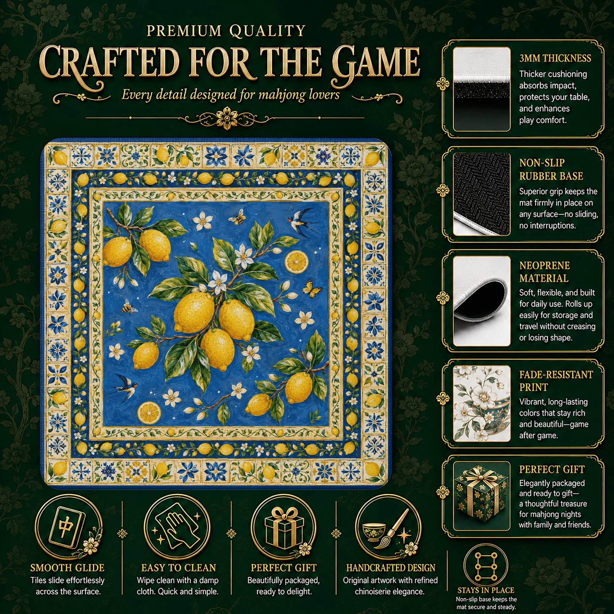 Blue Amalfi Lemon Mahjong Mat – neoprene mah jongg table mat
