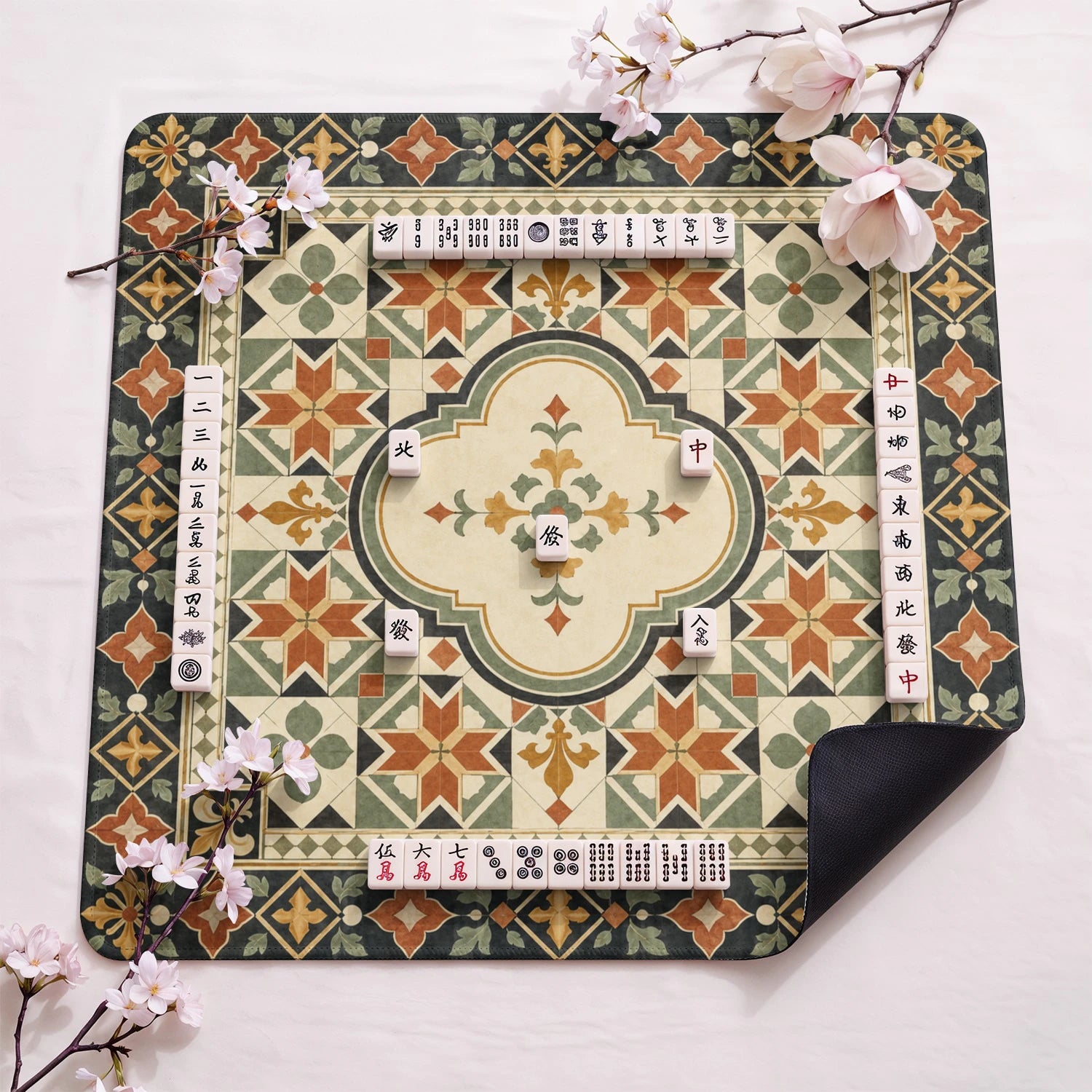 Blue Aztec Kilim design close-up on mahjong mat surface