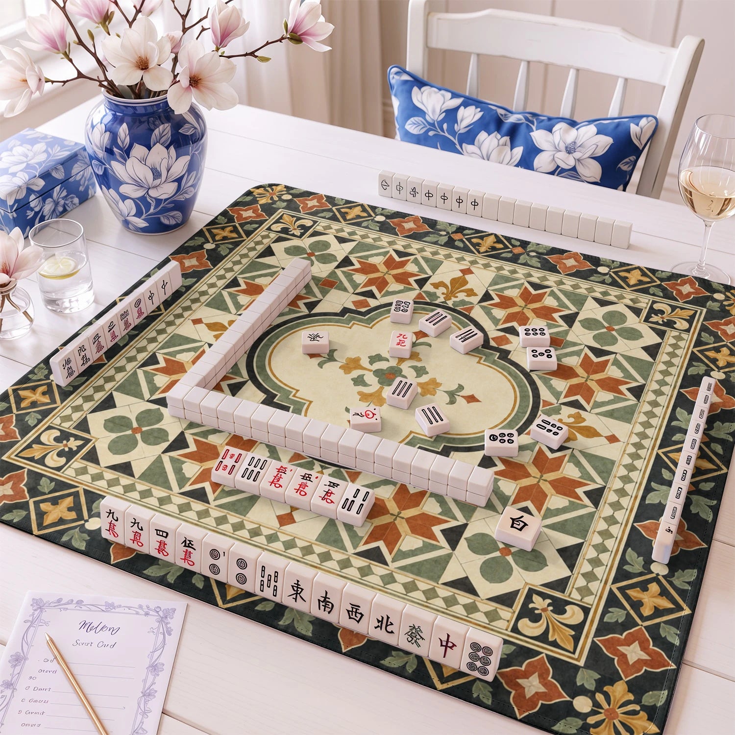 Blue Aztec Kilim mahjong mat – M (60x60 cm) and L (81x81 cm) sizes
