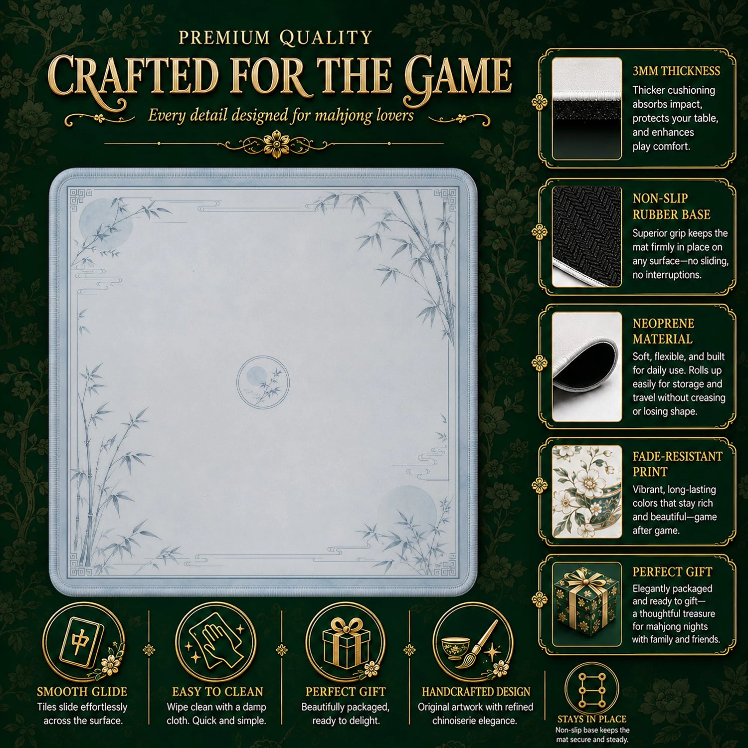 Blue Bamboo Moon Mahjong Mat - Mah Jongg Mat