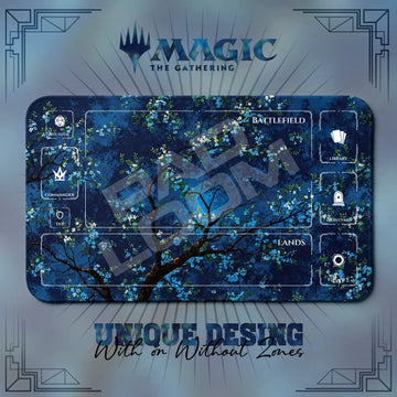 Blue Blossom Tree MTG playmat, navy and blue art with play zones, 24 x 14 in