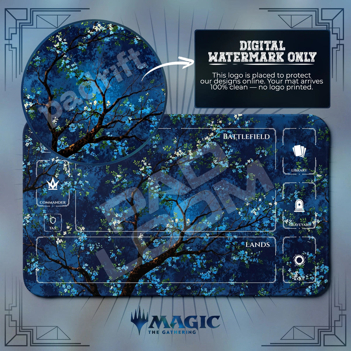 Blue Blossom Tree MTG playmat with zones; the Padloom watermark is digital only, not printed