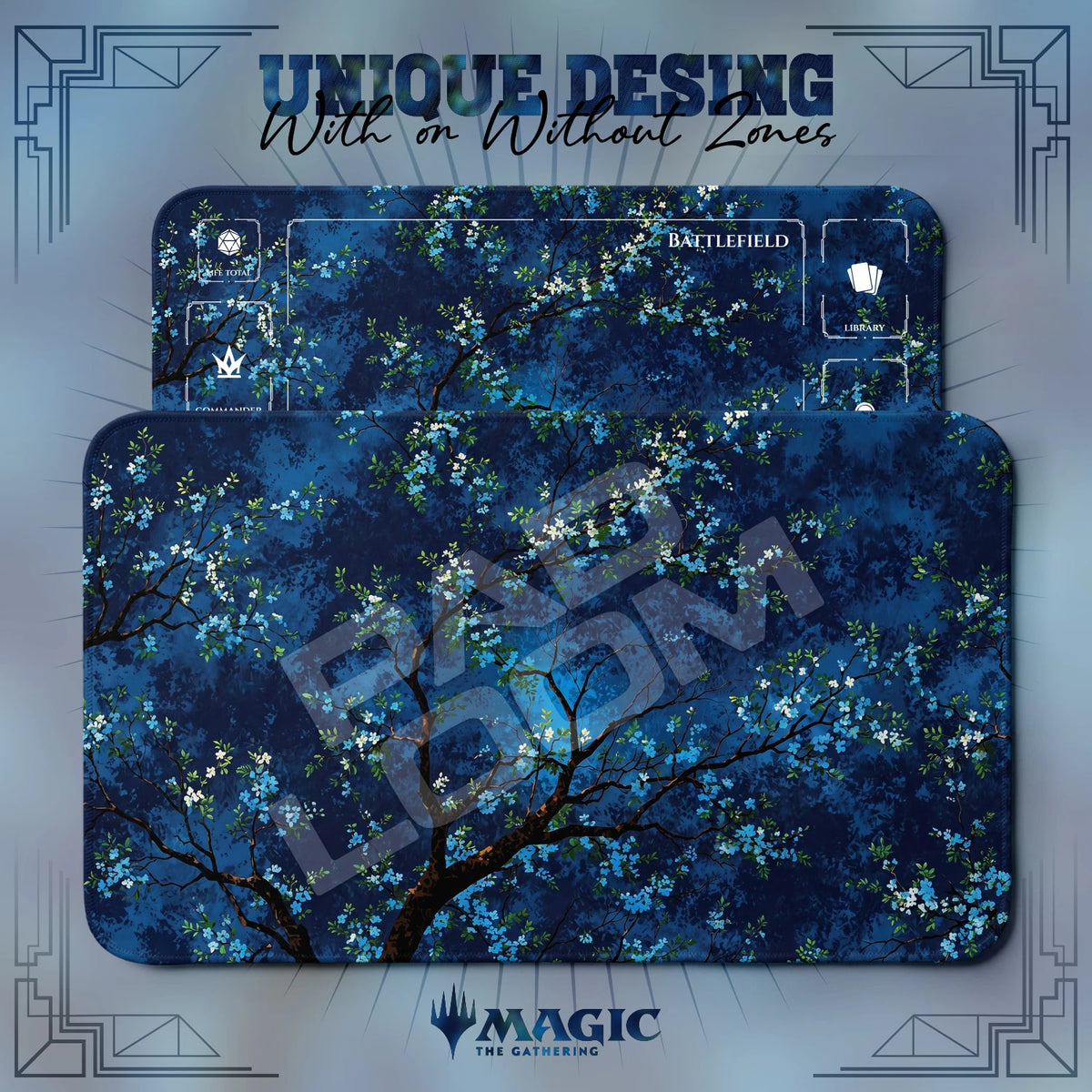 Blue Blossom Tree MTG playmat shown with zones and without zones