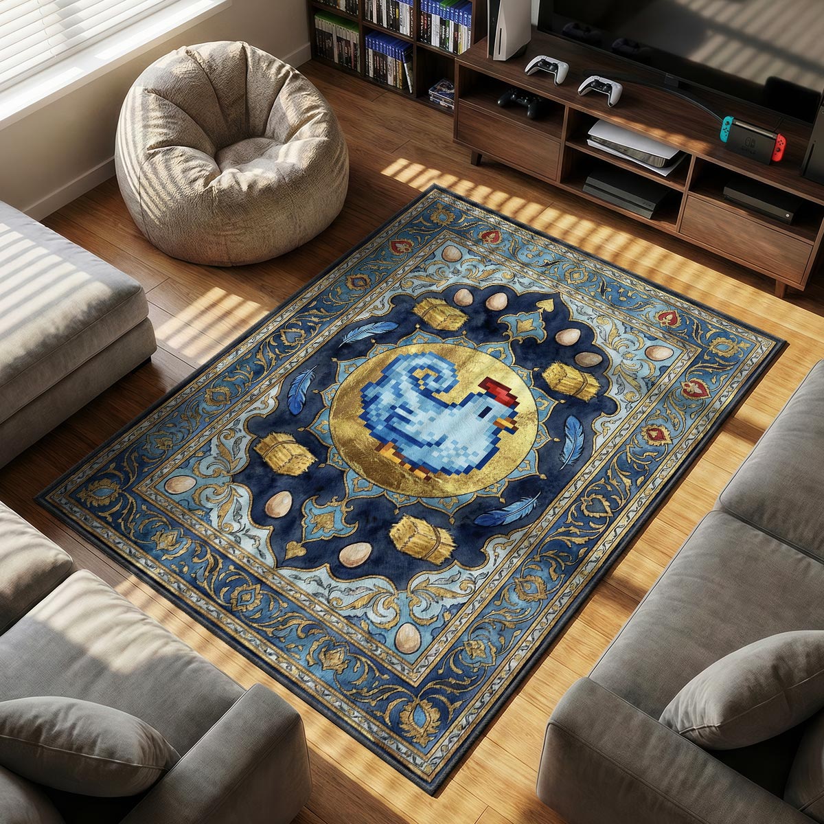 Blue Chicken themed area rug for home decor fans