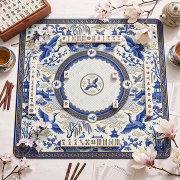 Blue Chinoiserie Crane Mahjong Mat - Mahjong Mat