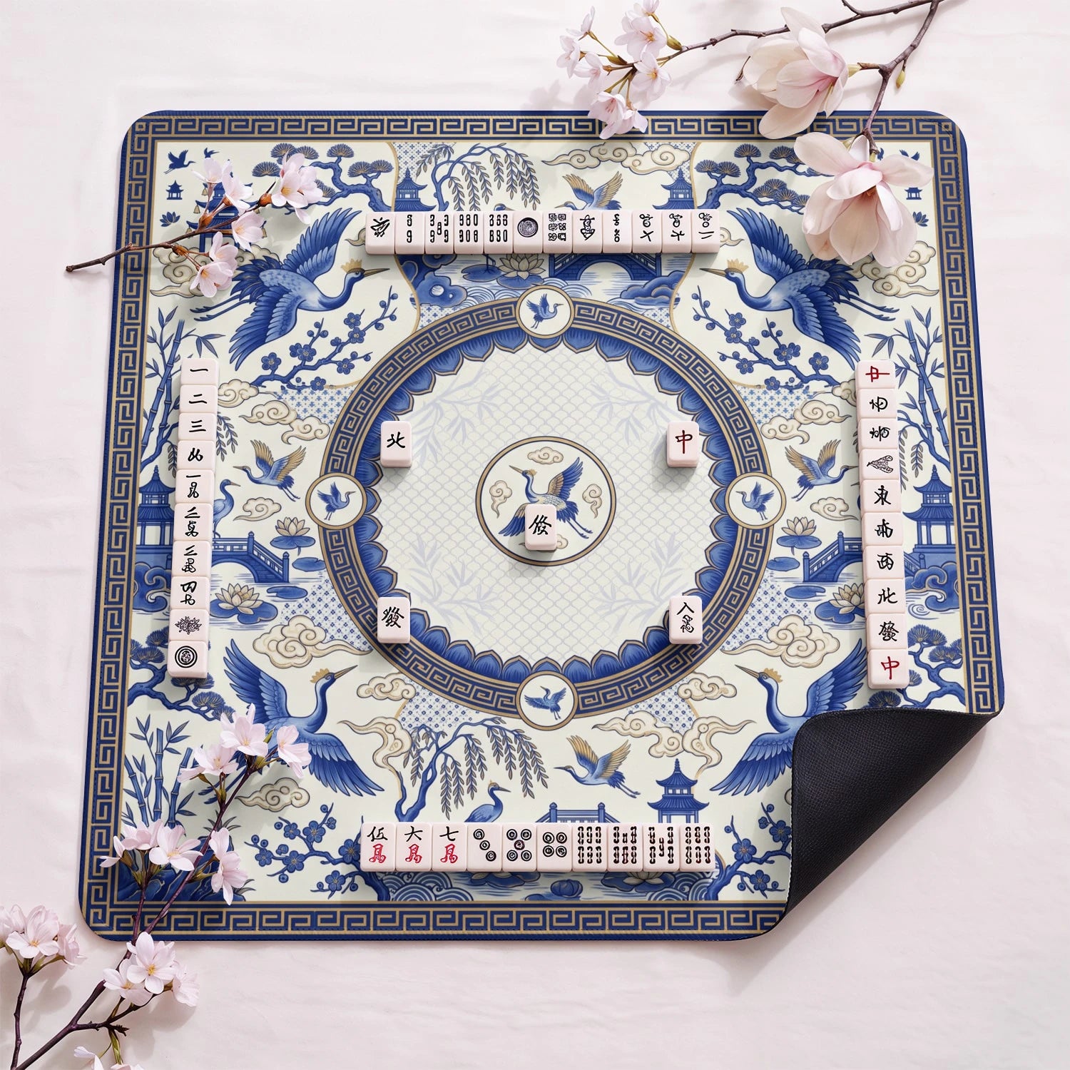 Blue Chinoiserie Crane Mahjong Mat - Mahjong Mat