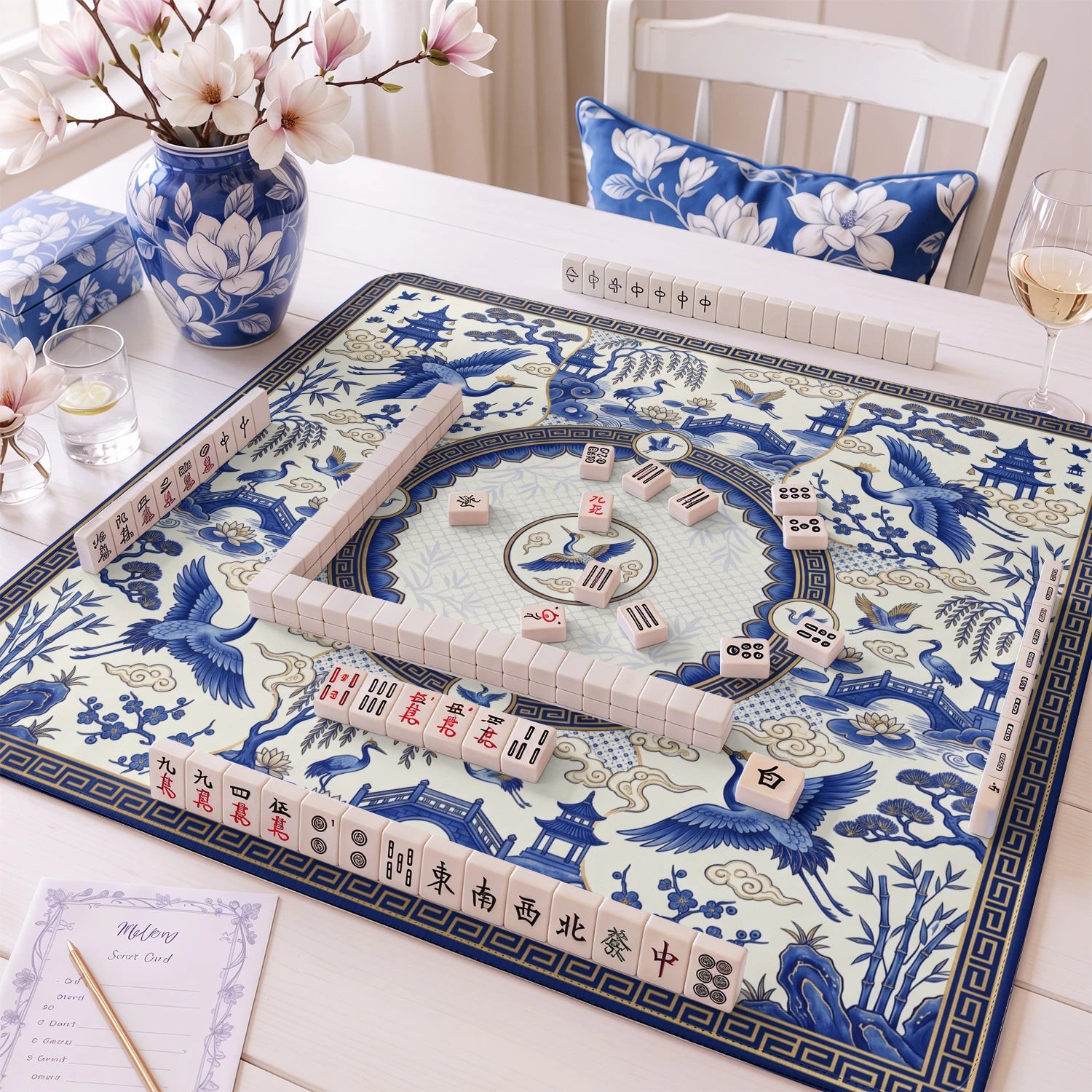 Blue Chinoiserie Crane Mahjong Mat - Mahjong Mat