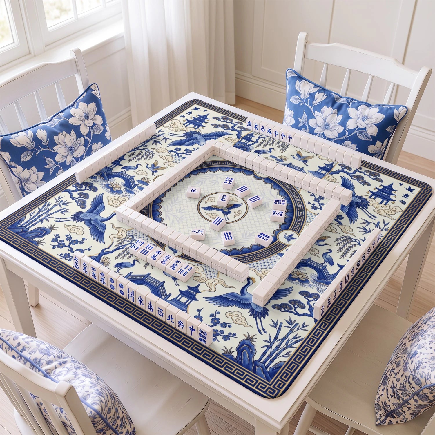Blue Chinoiserie Crane Mahjong Mat - Mahjong Mat