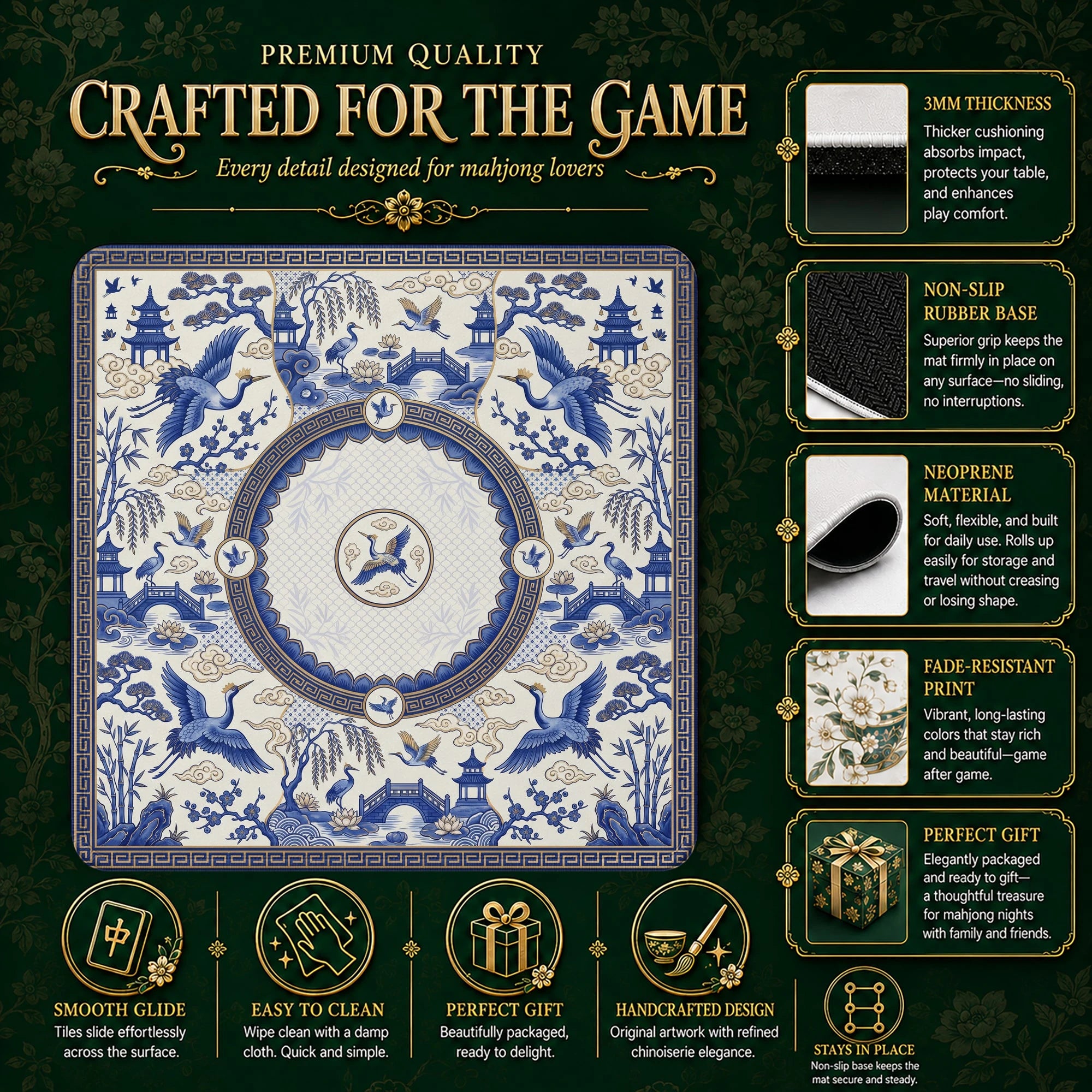 Blue Chinoiserie Crane Mahjong Mat - Mahjong Mat