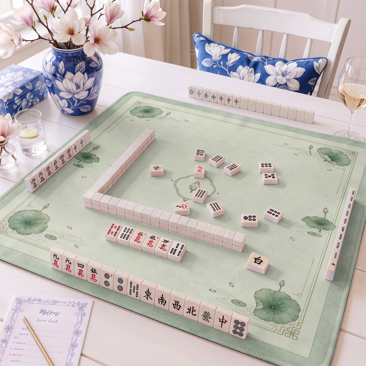 Blue Chinoiserie Pavilion Mahjong Mat - Mahjong