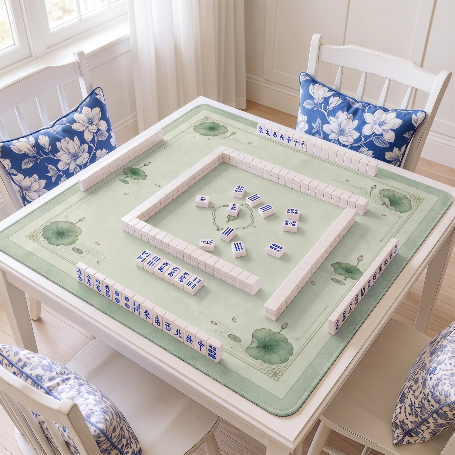 Blue Chinoiserie Pavilion Mahjong Mat - Mahjong