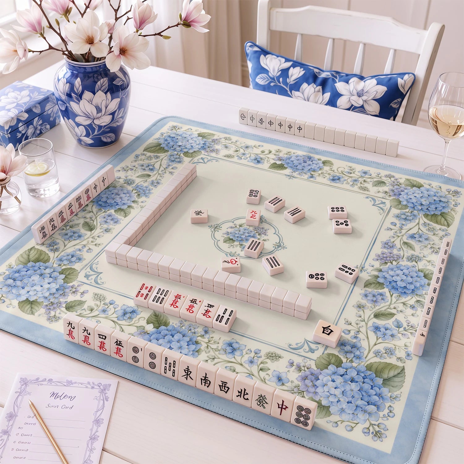 Blue Cottage Hydrangea Mahjong Mat - Mahjong Mat