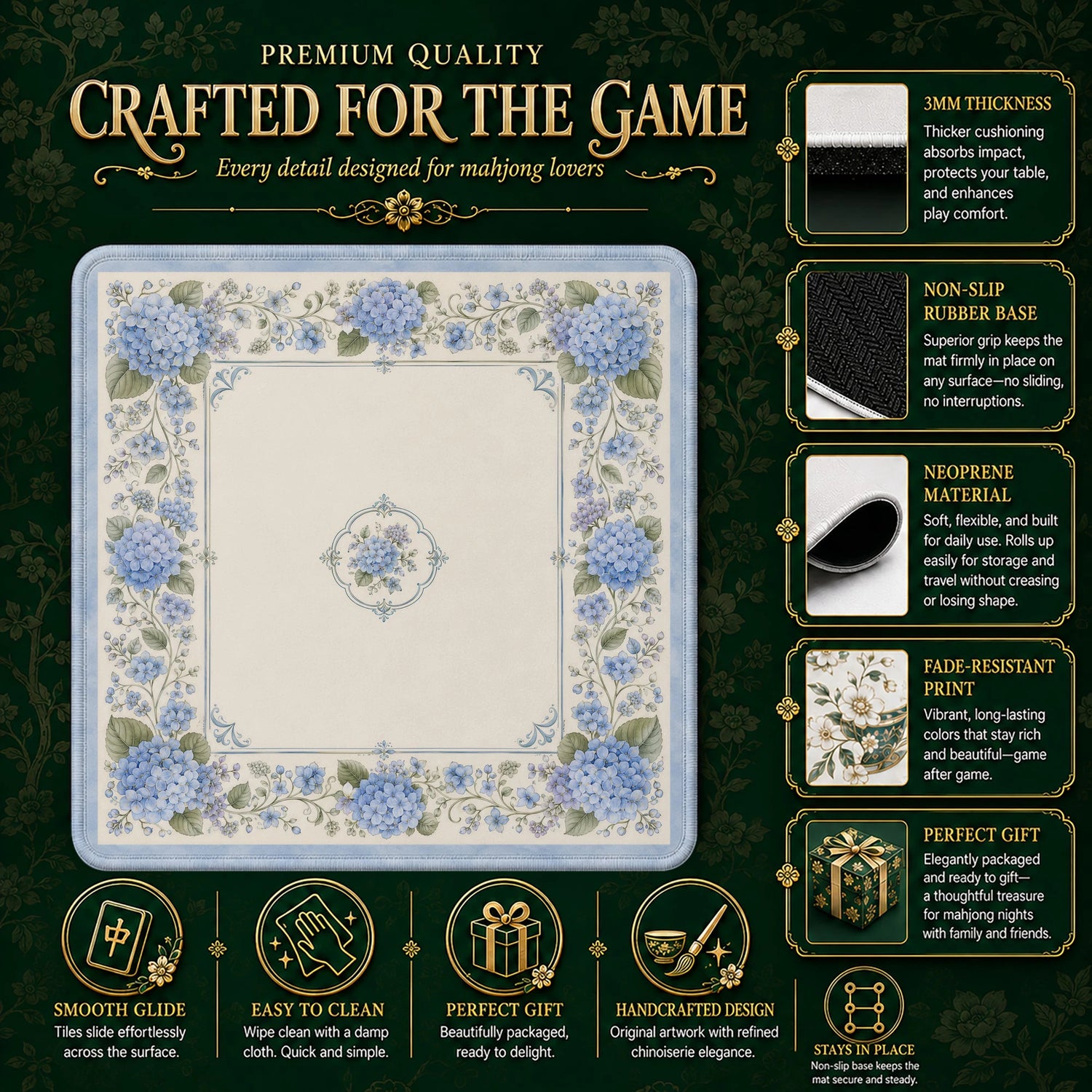 Blue Cottage Hydrangea Mahjong Mat - Mahjong Mat