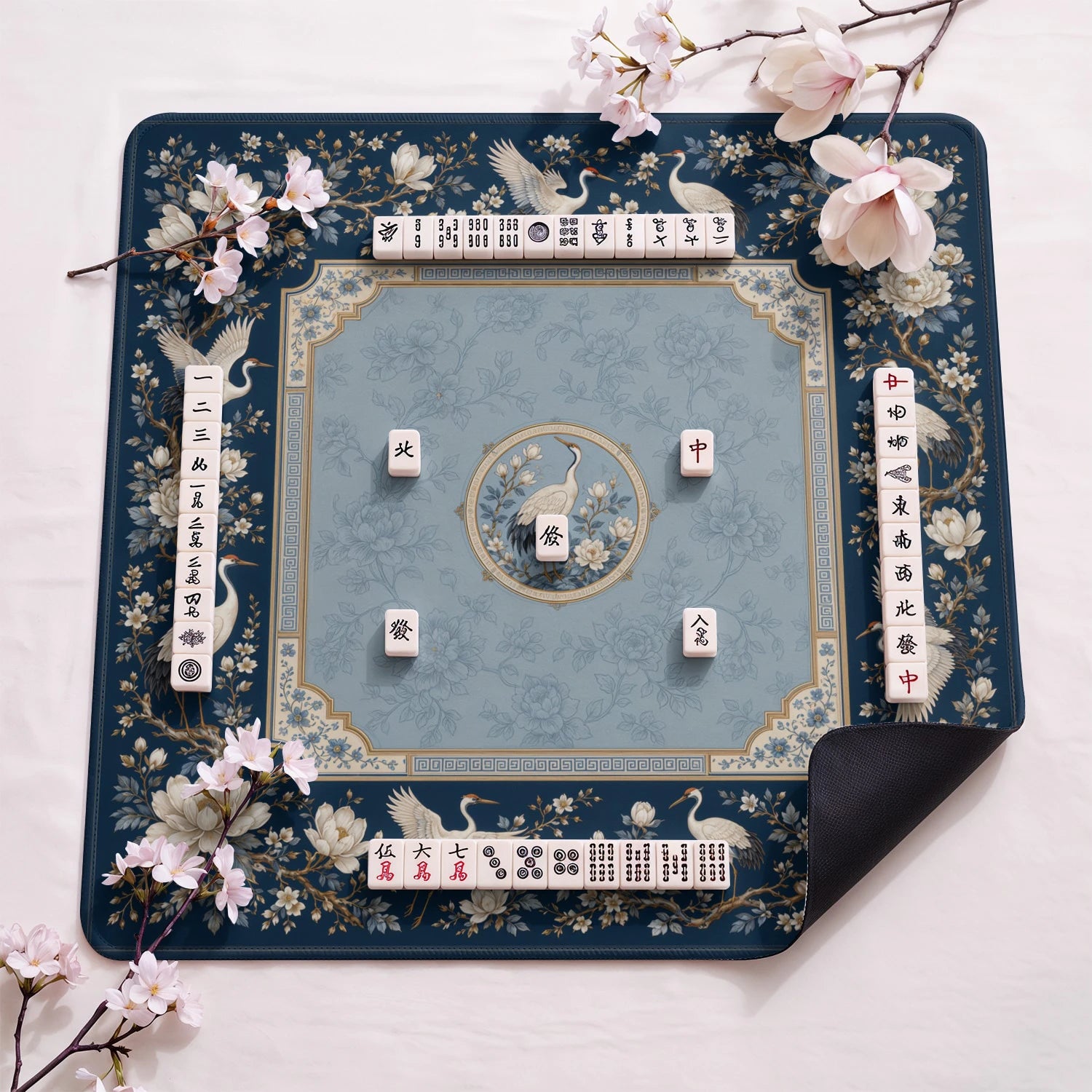 Blue Crane design close-up on mahjong mat surface